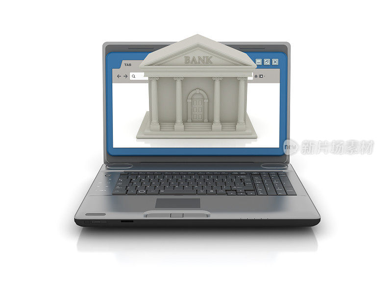 电脑笔记本电脑与网络浏览器和银行建设- 3D渲染